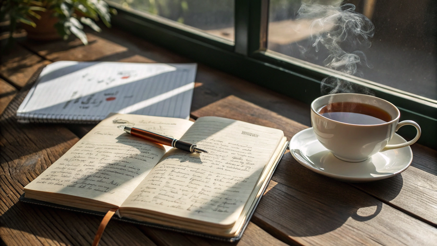 A worn leather journal resting on a wooden table with soft light