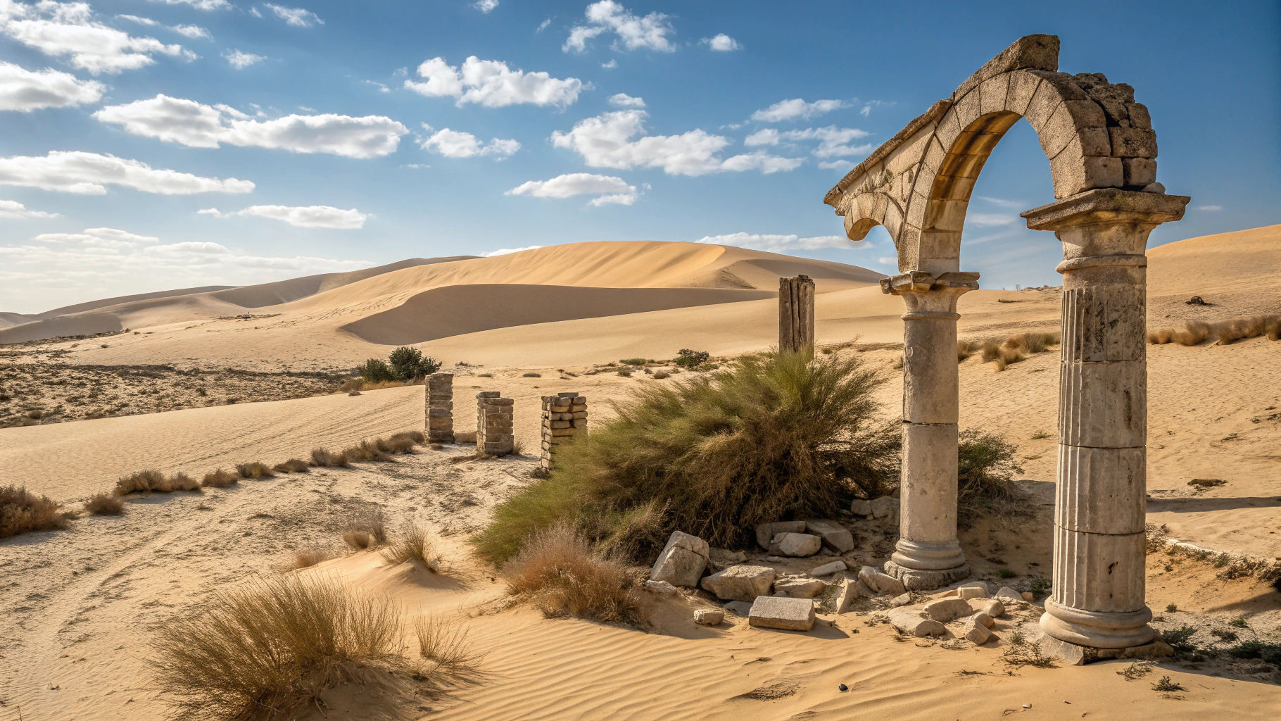 Ancient stone ruins under a vast, open sky