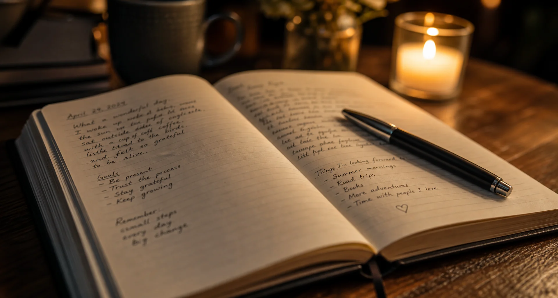 Open journal on wooden table with quiet morning light