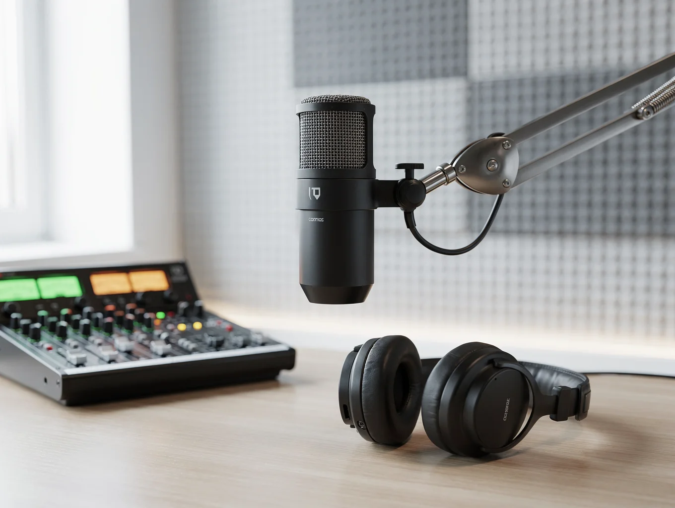 Microphone setup in a dimly lit studio for a podcast recording